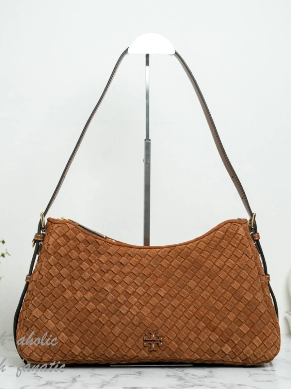 Tory Burch Thea Woven Suede Zip Top Shoulder Bag in Chicory Brown NWT